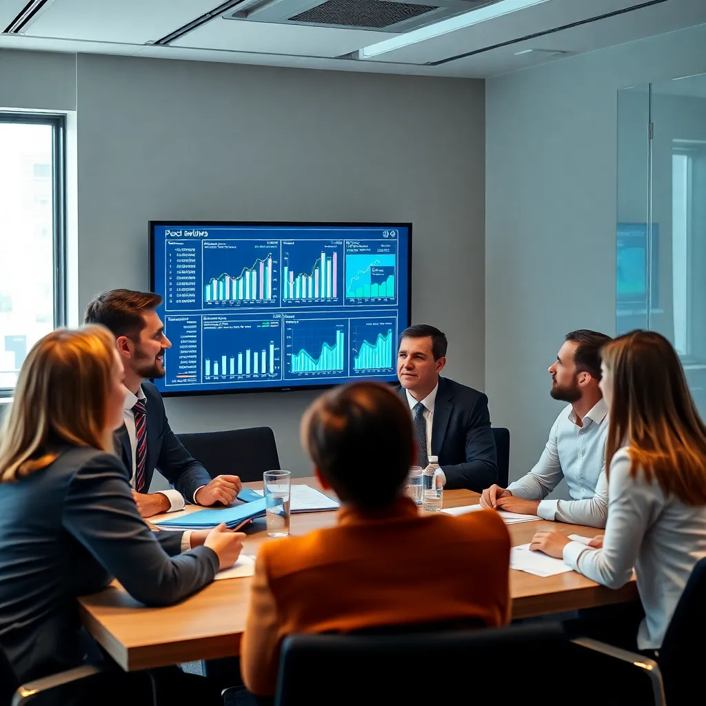 Team of professional accountants in a meeting discussing financial reports and digital screens with analytics