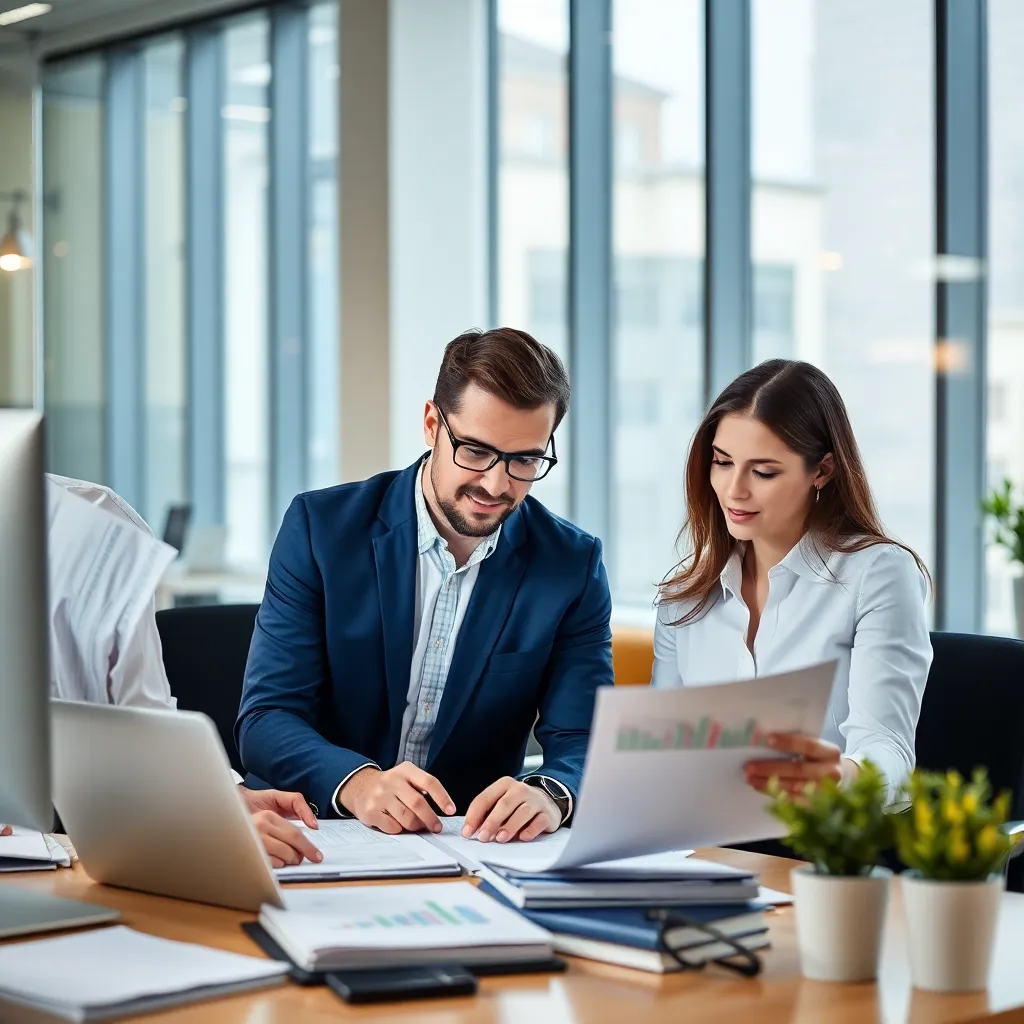 Professional accountants in a modern office reviewing financial documents together