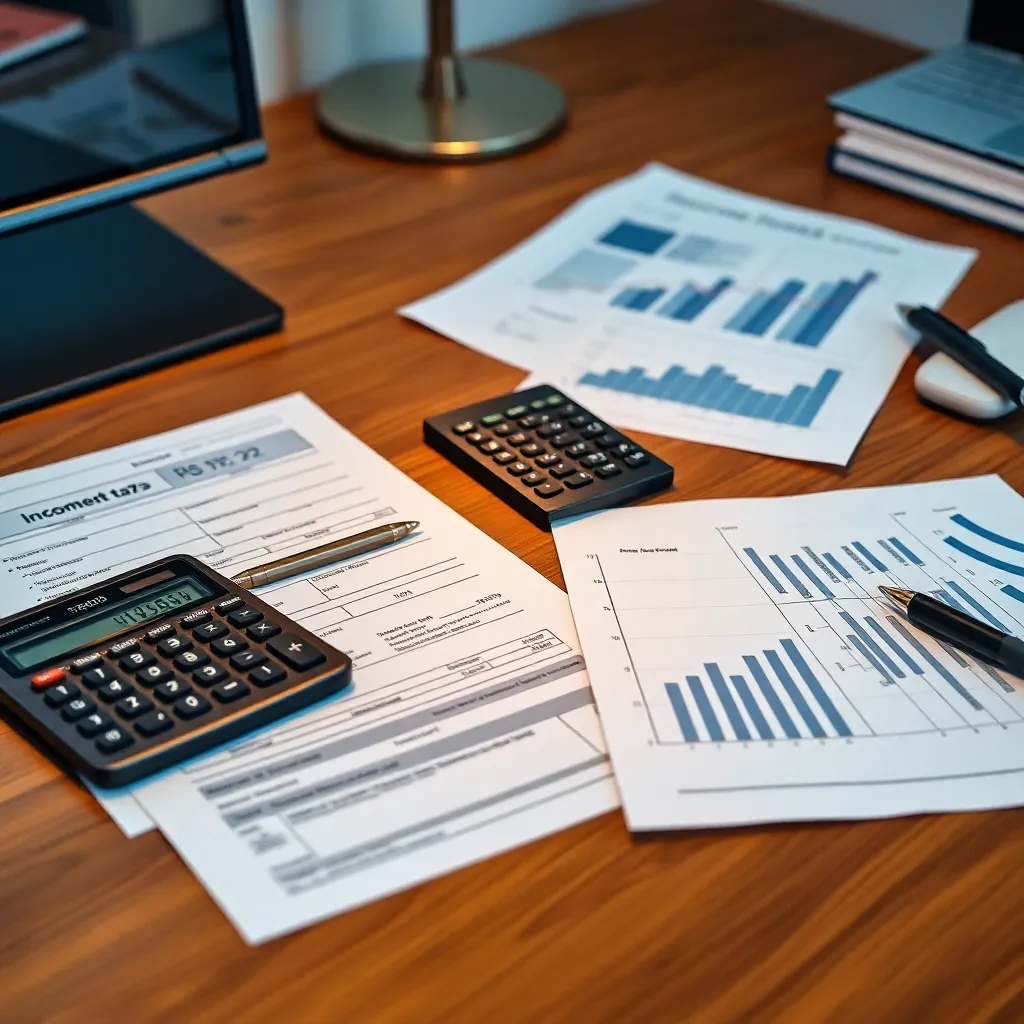 Detailed visualization of tax documents, calculator, and financial charts showing income tax preparation on a wooden desk with modern office lighting